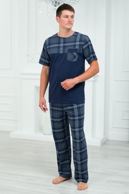 Пижама мужская из футболки с коротким рукавом и брюк из кулирки Макс темно-синяя клетка - Амадэль фото 7
