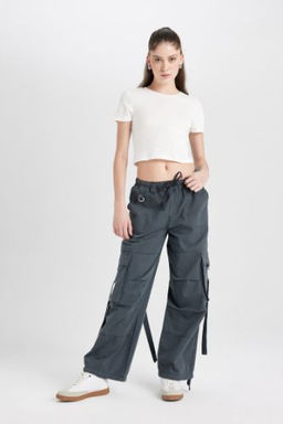 Coool Wide Leg Genis Paca Normal Bel Pantolon Gabardin Kumas Basic Duz Bagc?kl? Kargo Cepli