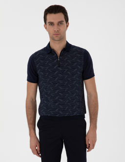 Lacivert Regular Fit Fermuarl_ Polo Yaka Desenli T-shirt