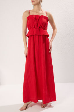 TRENDYOLMILLA K?rm?z? A-Kesim Dantel Dokuma S?k Maxi Abiye & Mezuniyet Elbise TPRSS25AE00091 фото 3