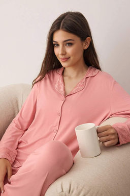 Gul Kurusu Dantel Detayl? Orme Pijama Tak?m? THMAW26PT00033
