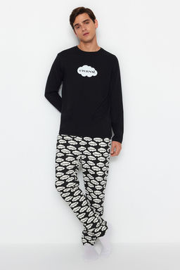TRENDYOL MAN Siyah Unisex Regular Fit Orme %100 Pamuk Pijama Tak?m? TMNAW24PT00006