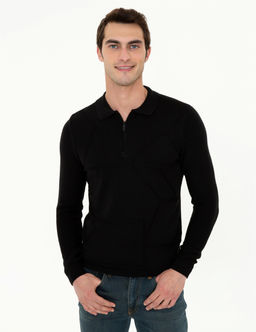 Siyah Slim Fit Fermuarl_ Polo Yaka Triko Kazak