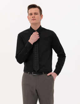 Siyah %100 Pamuk Parlak Saten Slim Fit Uzun Kollu Basic G_mlek