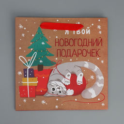Цена за 2 шт. Пакет подарочный новогодний крафтовый квадратный Подарочек, 22?22?11 см