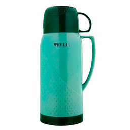 Термос со стеклянной колбой Kelli 1л, корпус пластиковый, 2 чашки в комплекте, ручка для переноски, темно-зеленый (Китай)