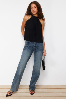 Siyah Pilise Halter Yaka Regular/Normal Kal?p Esnek Orme Bluz TWOSS24BZ00365 - Trendyolmilla фото 2