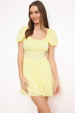 Ac?k Sar? Duz Dantel Detayl? K?sa / Mini Dokuma Elbise TWOSS26EL00131