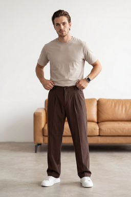 Kahverengi Pileli Beli Lastikli Utu Izli Baggy Erkek Pantolon TMNSS26PL00025