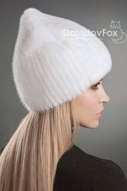 Шапка Бини норка орнамент белая