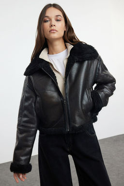 Kahverengi Oversize Kal?p Pelus Detayl? Biker Ceket Mont TWOAW25MO00032 - Trendyolmilla фото 3