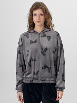 Толстовка женская велюровая серая с узором бантики