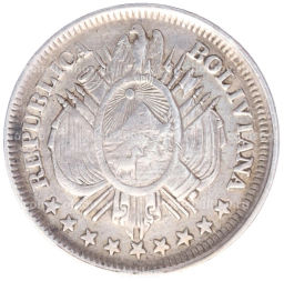 Монета 20 сентаво 1886 года Боливия