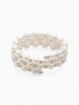 Браслет с жемчугом «Жемчужный ряд» 3 ряда, бусина №8, d=6.5 белый в серебре