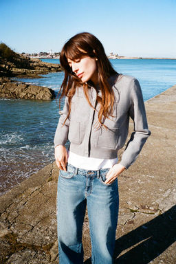 PLAIN KNIT BOMBER JACKET WITH SHOULDER PADS