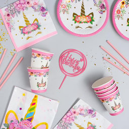 Набор посуды С днём рождения, единорожка, цвет розовый
