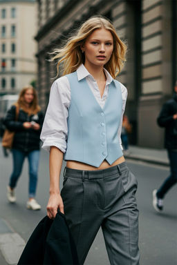 Ac?k Mavi Fitted Dugmeli Crop Dokuma Yelek TWOSS21YE0009