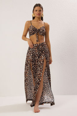 Leopar Desenli Dokuma Y?rtmacl? Maxi Plaj Yuksek Bel Bluz-Pantolon Tak?m TBESS21AU0092