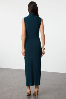 Zumrut Yesili Duz S?f?r Kol Drapeli Bodycone/Vucuda Oturan Esnek Orme Elbise TWOSS24EL00101