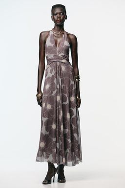 CUT-OUT PRINTED TULLE LONG DRESS