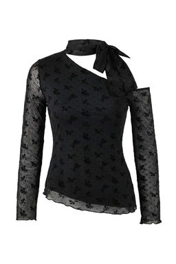 Siyah Cicekli Fitted/Vucuda Oturan Asimetrik Yaka Uzun Kollu Kusakl? Tul Orme Bluz TWOAW26BZ00346 - Trendyolmilla фото 6