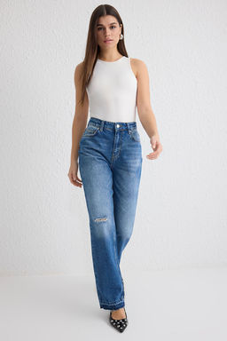 Mavi Y?rt?k Detayl? Yuksek Bel Duz Kesim Straight Jeans TWOSS25JE00155 - Trendyolmilla фото 3