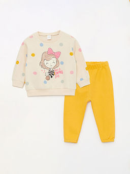 Bisiklet Yaka K?z Bebek Bask?l? Sweatshirt ve E?ofman Alt 2li