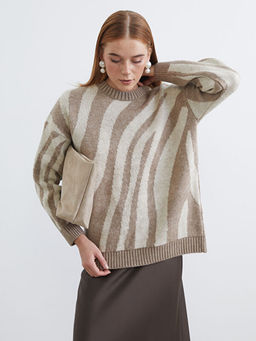 Bisiklet Yaka Zebra Desenli Kad?n Triko Tunik