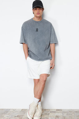 Gri Oversize/Geni_ Kesim Eskitme/Soluk Efektli %100 Pamuklu T-shirt TMNSS24TS00146