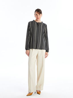 Ba?lamal? Yaka Desenli Uzun Kollu Kad?n Bluz