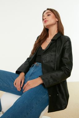 Siyah Suni Deri Oversize Cep Detayl? Dokuma Ceket TWOAW22CE0633 - Trendyolmilla фото 3