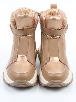04-WG037-1M DK. BEIGE/GOLD Ботинки зимние женские (натуральная кожа, курточная ткань, 100% шерсть)