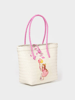 Сумка плетёная на застёжке «Девочка с букетом», 40×10×55 см, пластик, бело-розовая