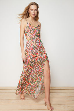 TRENDYOLMILLA Cok Renkli A Kesim Astarl? Pencere/Cut Out Detayl? Cicek Desenli Maxi Dokuma Elbise TWOSS20EL1270  фото 2