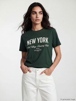 Bisiklet Yaka New York Bask?l? Kad?n Ti??rt