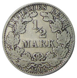 Монета 1/2 марки 1905 года A Германия