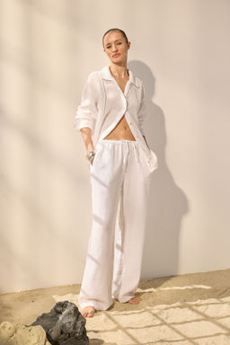 Beyaz %100 Keten Beli Lastikli Normal Bel Wide Leg Pantolon TWOSS25JE00244 - Trendyolmilla фото 2