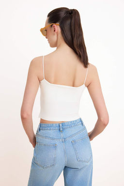 Ekru Fitted/Vucuda Oturan Ask?l? Straplez Dantel Detayl? Pamuklu Esnek Orme Atlet TWOSS26AL00049 - Trendyolmilla фото 4