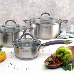 Ковш из нержавеющей стали Lira 0,9л, д14см, h6,8см, s0,5мм, дно д12см, s4мм, стеклянная жаропрочная крышка, стальной обод, пароотвод, силиконовые вставки коричневого цвета, капсулированное дно, полировка внешняя - матовая, внутренняя - матовая, мер - Домашняя мода фото 6