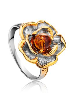 Кольцо Лютик, украшенное коньячным янтарём