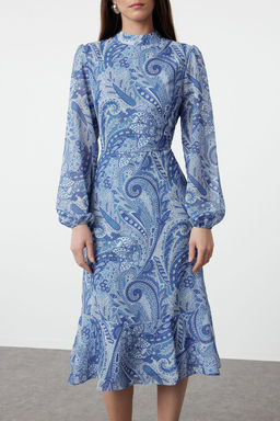 Koyu Mavi Desenli Volanl? Midi Dokuma Elbise TWOAW23EL01436