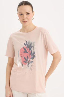 Regular Fit Bisiklet Yaka Bask?l? K?sa Kollu Tisort