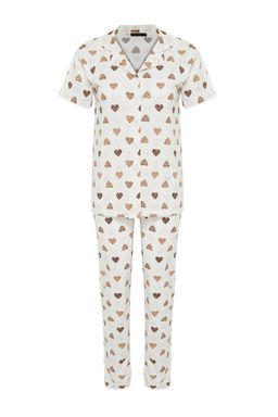 Ekru %100 Pamuklu Kalpli Orme Pijama Tak?m? THMSS24PT00338