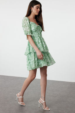 Mint Cicekli Etegi Volanl? Skater/Belden Ac?lan Sifon Mini Astarl? Dokuma Elbise TWOSS22EL2772
