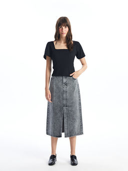 Kare Yaka D?z K?sa Kollu Crop Kad?n Bluz