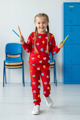 K?rm?z? Yumusak Dokulu K?z Cocuk Kalp Bask?l? Orme Pijama Tak?m TKDAW25AU00130