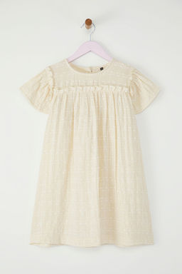 Bej K?z Cocuk Pamuklu Basic Mini K?sa Kol Dokuma Elbise TKDSS25EL00029