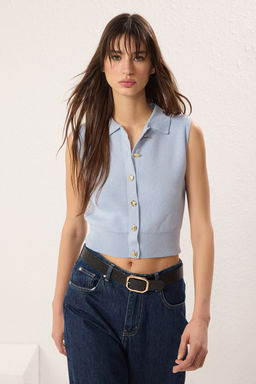 Trendyolmilla Ac?k Mavi Polo Yaka Triko Ince Bluz TWOSS25BZ00368