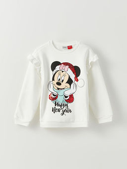 Bisiklet Yaka Minnie Mouse Bask?l? Y?lba?? Temal? Uzun Kollu K?z ?ocuk Sweatshirt