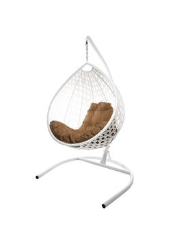Кресло - кокон подвесное «Капля люкс», 90×72×193 см, с искусственным ротангом, белое, с бежевой подушкой